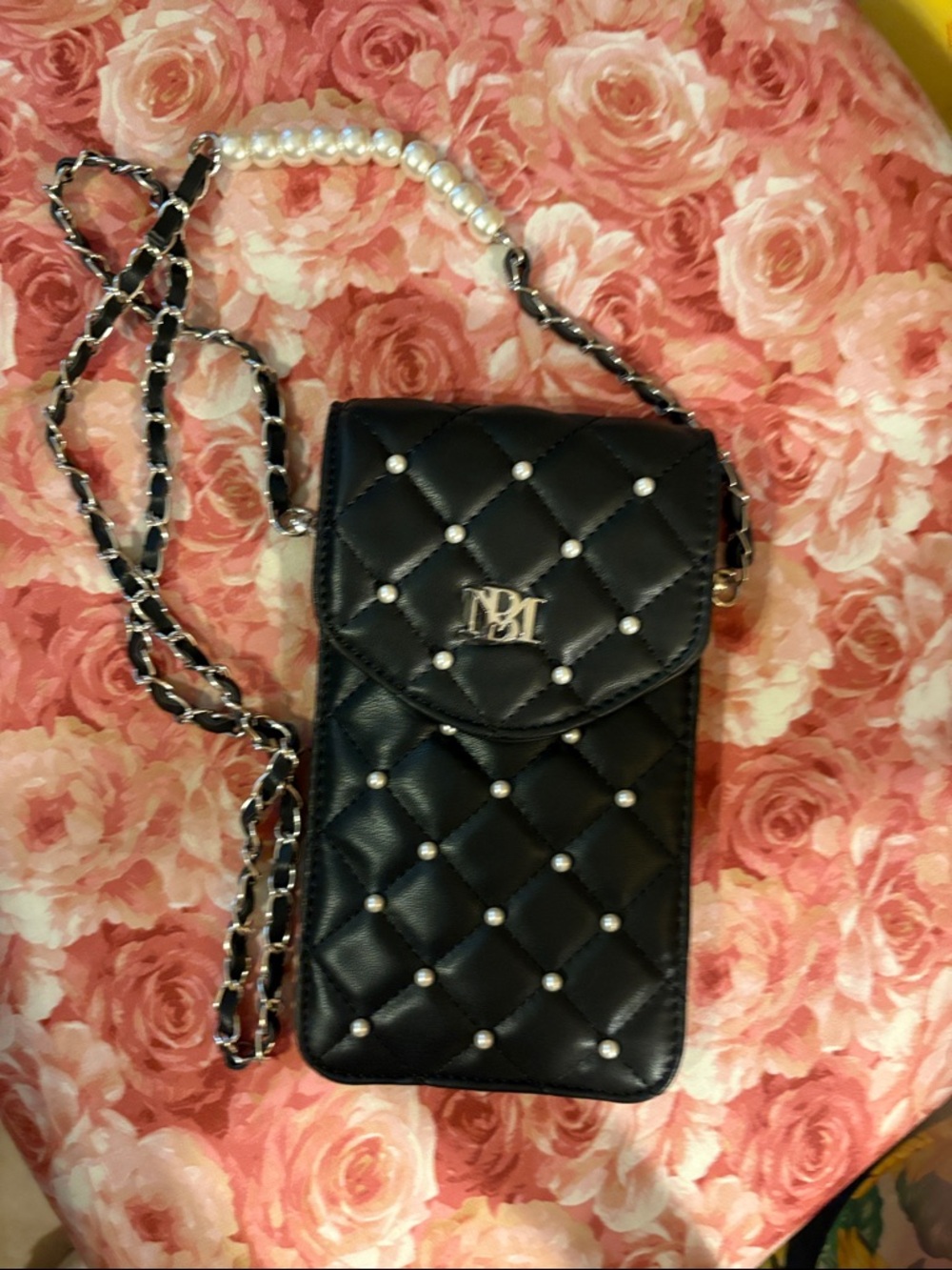 Badgley Mischka Black Quilted Pearl-Accent Crossbody Wristlet